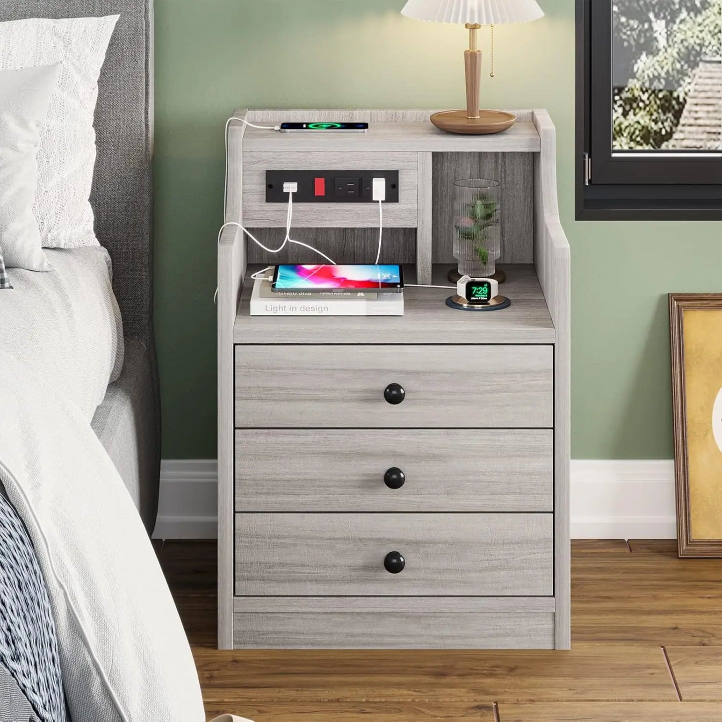 Modern Morocco Nightstand with Charging Station - Minimalist Bedroom Furniture with Engineered Wood