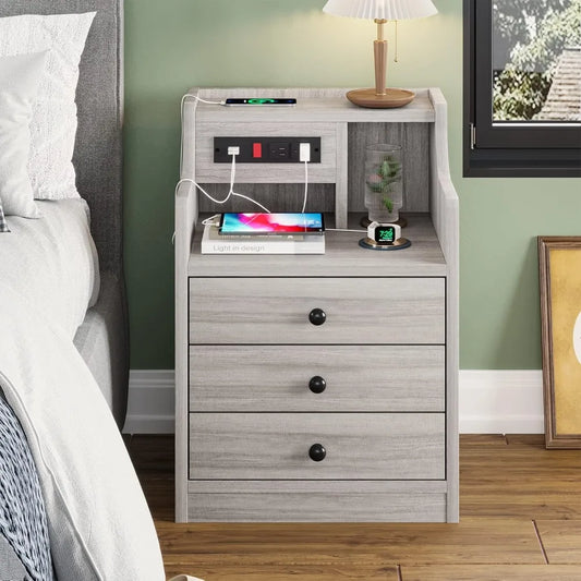 Modern Morocco Nightstand with Charging Station - Minimalist Bedroom Furniture with Engineered Wood