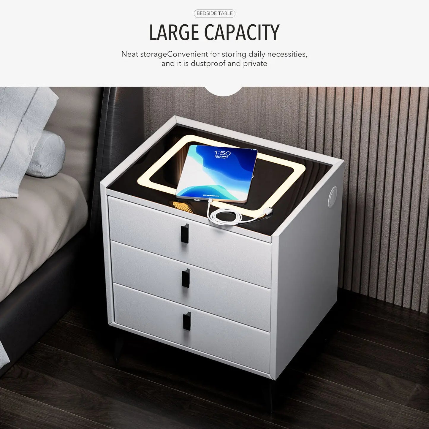 LED Bedside Table with Charging Station & Wireless Charging
