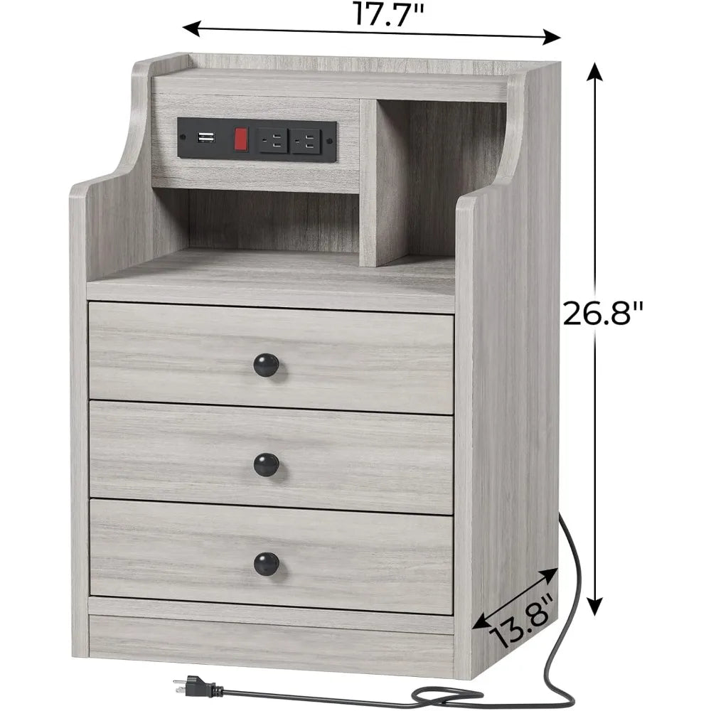 Modern Morocco Nightstand with Charging Station - Minimalist Bedroom Furniture with Engineered Wood