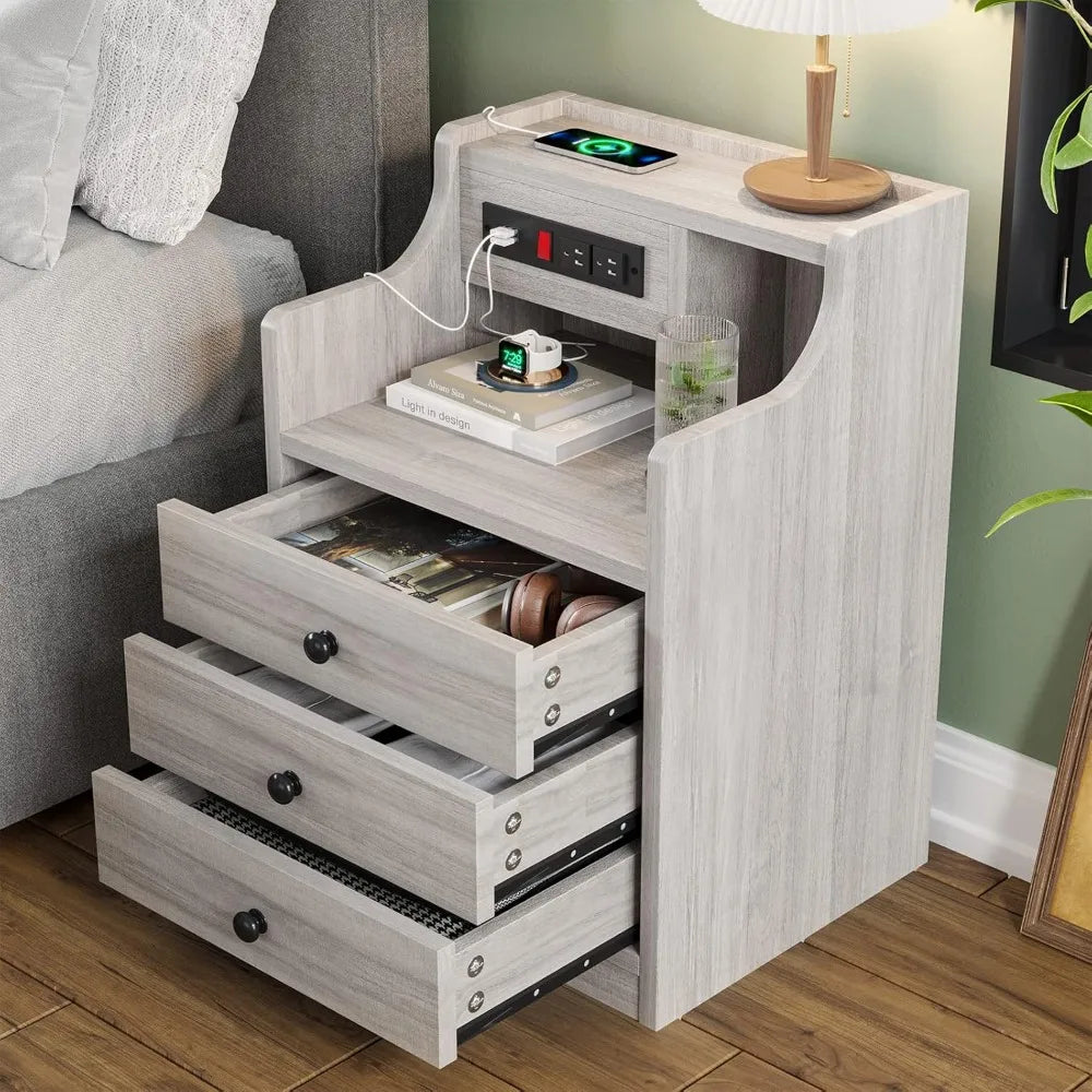Modern Morocco Nightstand with Charging Station - Minimalist Bedroom Furniture with Engineered Wood