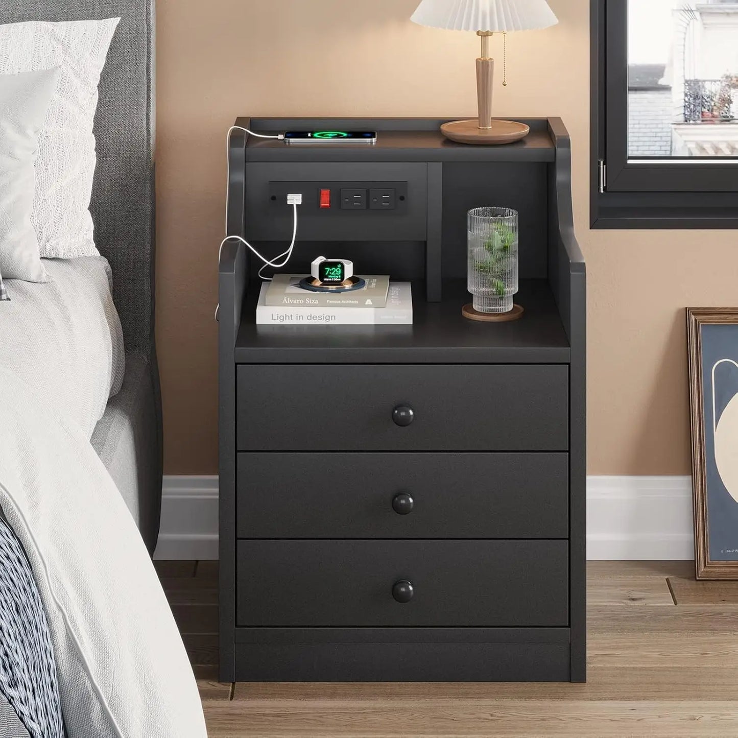 Modern Morocco Nightstand with Charging Station - Minimalist Bedroom Furniture with Engineered Wood