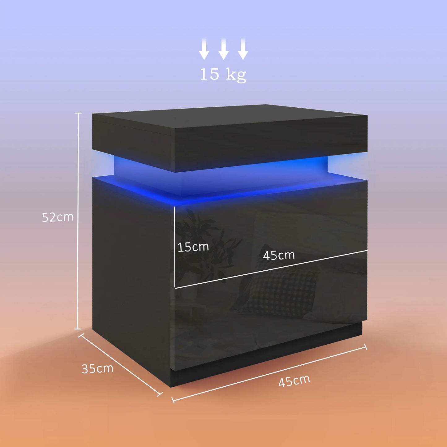 High Gloss Bedside Table with LED Light and 2 Drawers, Black