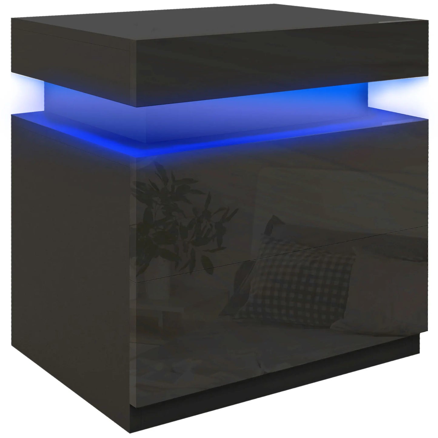 High Gloss Bedside Table with LED Light and 2 Drawers, Black