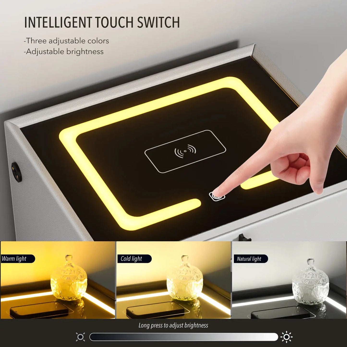 LED Bedside Table with Charging Station & Wireless Charging