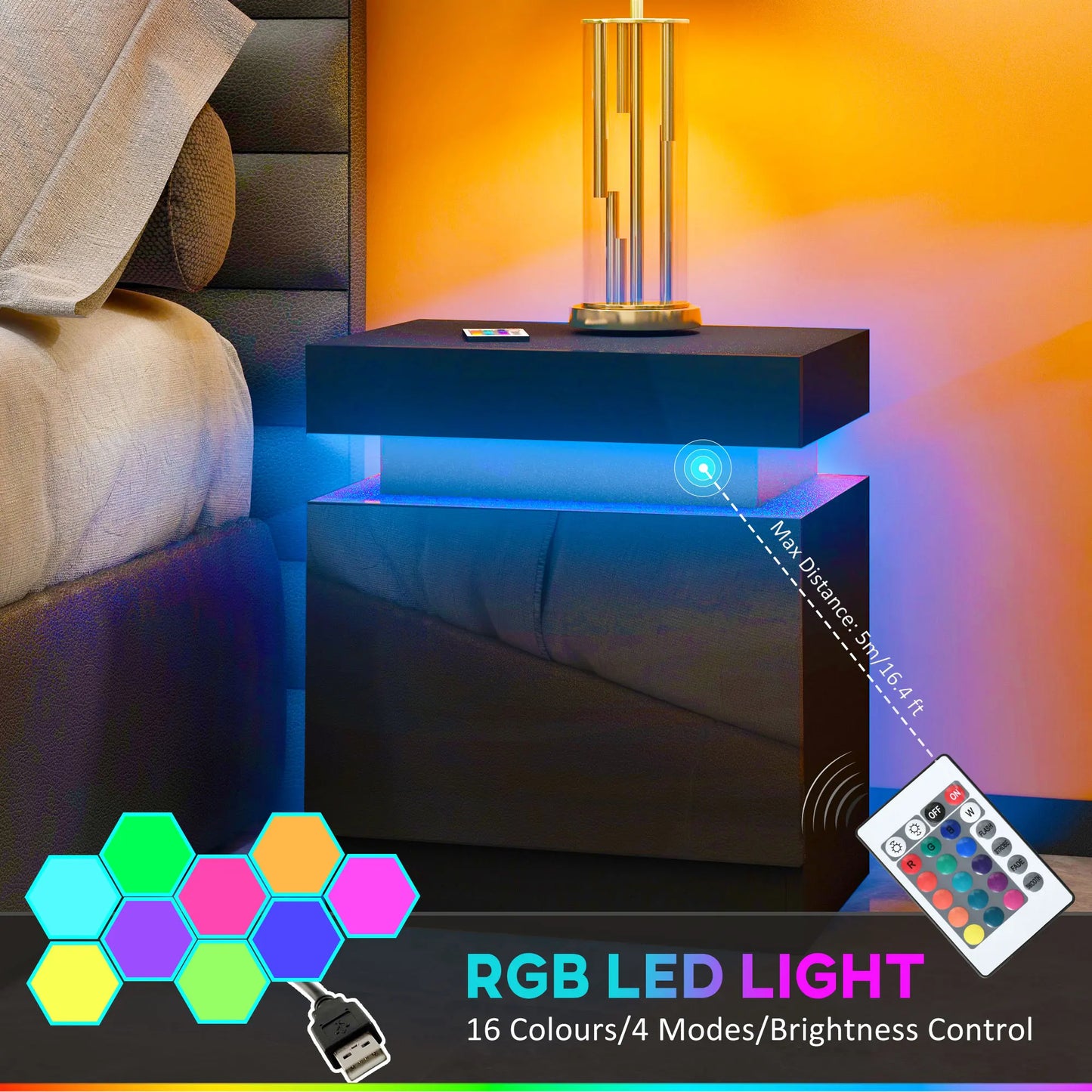 High Gloss Bedside Table with LED Light and 2 Drawers, Black