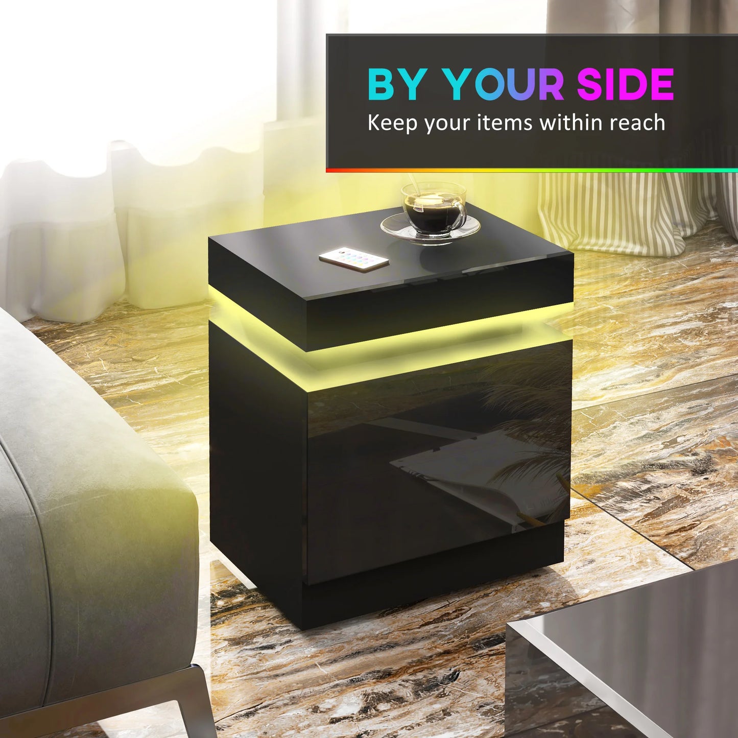 High Gloss Bedside Table with LED Light and 2 Drawers, Black
