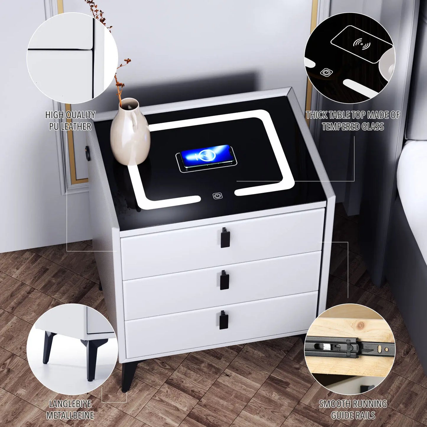 LED Bedside Table with Charging Station & Wireless Charging
