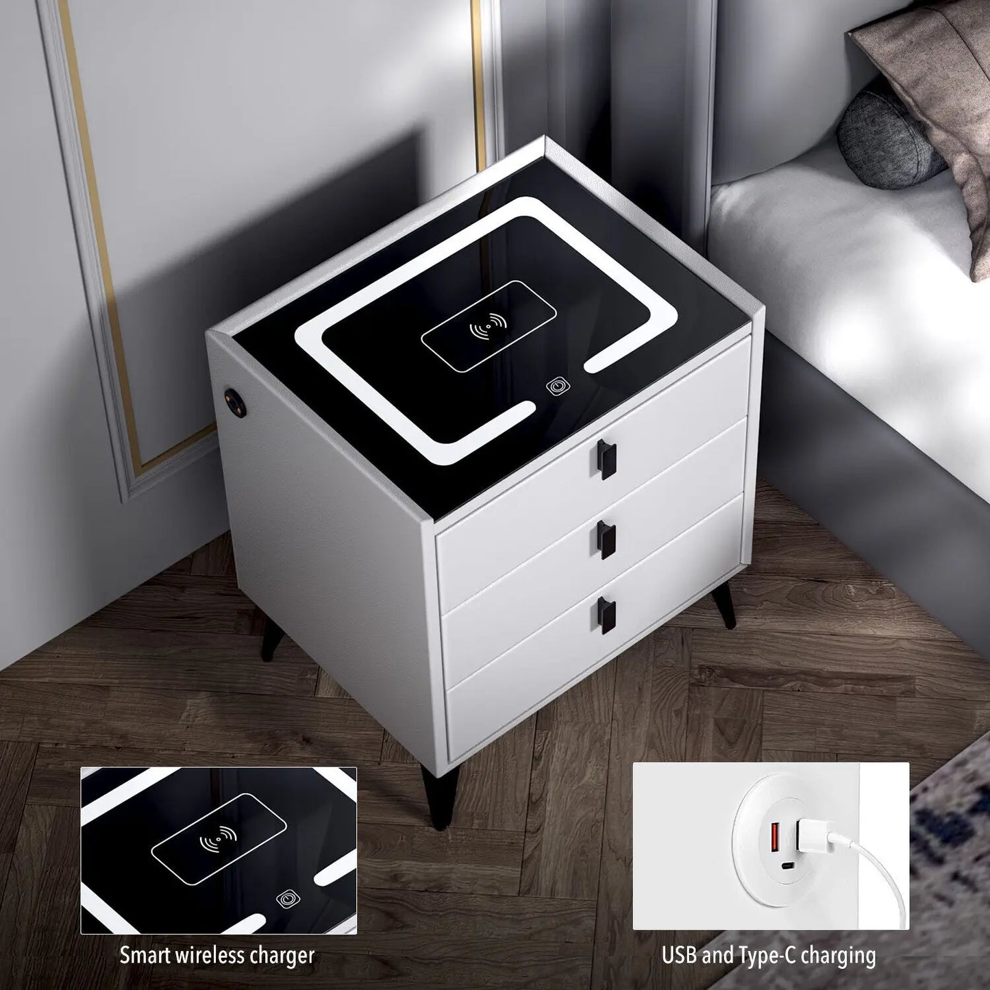 LED Bedside Table with Charging Station & Wireless Charging