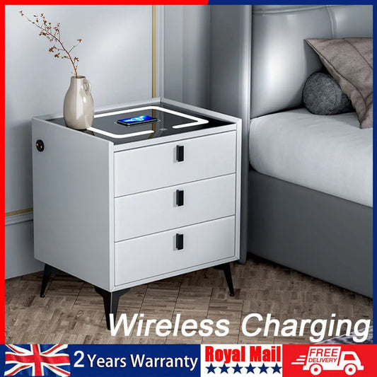 LED Bedside Table with Charging Station & Wireless Charging